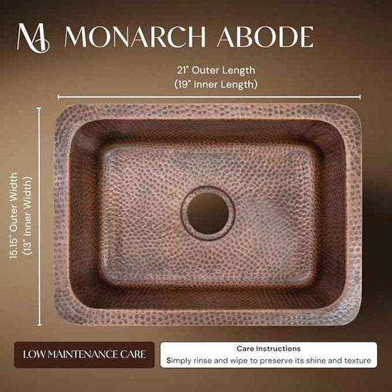 Monarch Abode Kitchen & Bar Sink – 21-inch Milan Dual Mount Drop in Kitchen Sink, Hand Hammered Pure Copper Sinks, Drop in Bar Sinks or Undermount, Deep Single Rectangular Bowl