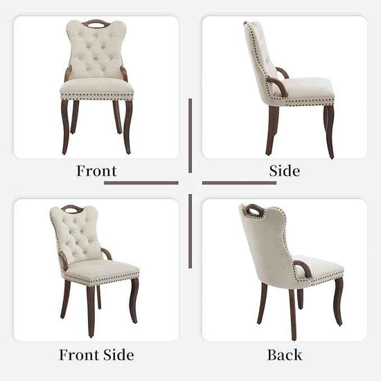 Beige Velvet Dining Chairs Set of 4，Modern Upholstered Dining Room Chairs with Tufted Back and Wood Accents, Curved Solid Wood Legs & Nailhead Trim, Sillas De Comedor Modernas 4