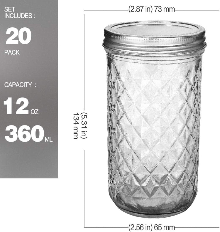 VERONES Mason Jars 12 OZ, Canning Jars Jelly Jars With Regular Lids, Ideal for Jam, Honey, Wedding Favors, Shower Favors, 20 PACK