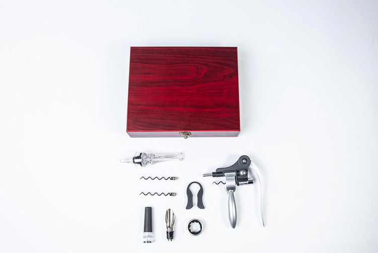 Wine Bottle Opener Set with Accessories Polished Silver in Wood Box, Aerator, Extra Screws, Foil Cutter, Pourer, Vaccu Stopper, Winged Wine Opener, Rabbit Red Wine Corkscrew Set (Polished Silver)