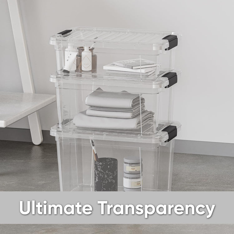 Superio Clear Storage Boxes with Lids, 26.5 Quart Plastic Container Bins for Organizing, Stackable Crates, BPA Free, Non Toxic, Odor Free, Organizers for Home, Office and Dorm, 4 Pack
