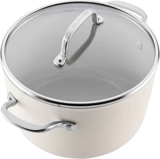 KitchenAid Hard Anodized Ceramic Induction Nonstick Pots and Pans with Saucepans, Frying Pans, Stockpot, and Lids, Dishwasher Safe, 9 Piece Cookware Set with Stainless Steel Handles - Porcelain White