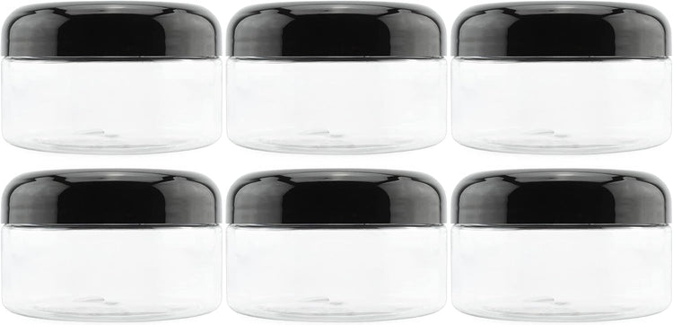 Cornucopia Brands 8oz Clear Plastic Jars w/Black Plastic Lids (6-Pack); BPA Free PET Stackable Containers for Bathroom & Kitchen Storage & Cosmetics