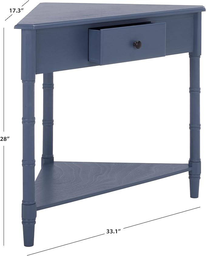 SAFAVIEH Home Collection – Gomez Blue Corner Table, 1-Drawer Space-Saving Triangle Accent Table, Classic Turned-Leg Design (AMH5709H)