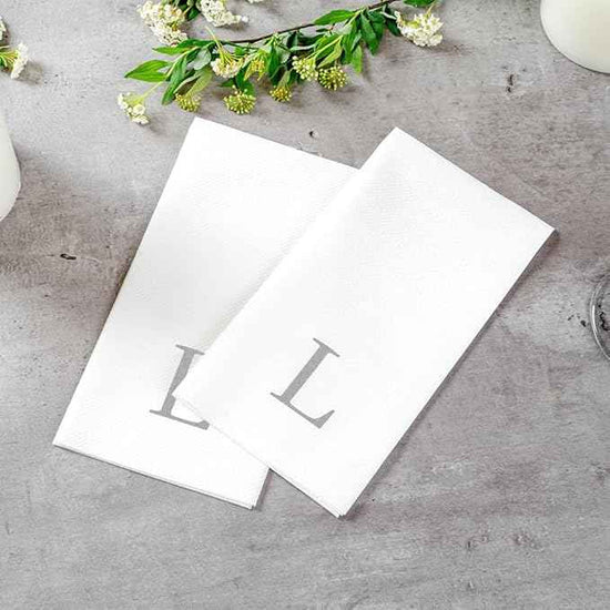 Luxenap 15.8 X 7.9 Inch Linen-Feel Guest Towels, 50 Lettered Hand Towels - Silver Letter 'L', Sans Serif Font, White Paper Dinner Napkins, airlaid, For Restrooms And Tables - Restaurantware