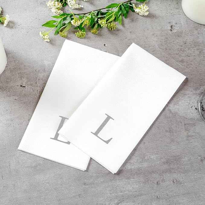 Luxenap 15.8 X 7.9 Inch Linen-Feel Guest Towels, 50 Lettered Hand Towels - Silver Letter 'L', Sans Serif Font, White Paper Dinner Napkins, airlaid, For Restrooms And Tables - Restaurantware