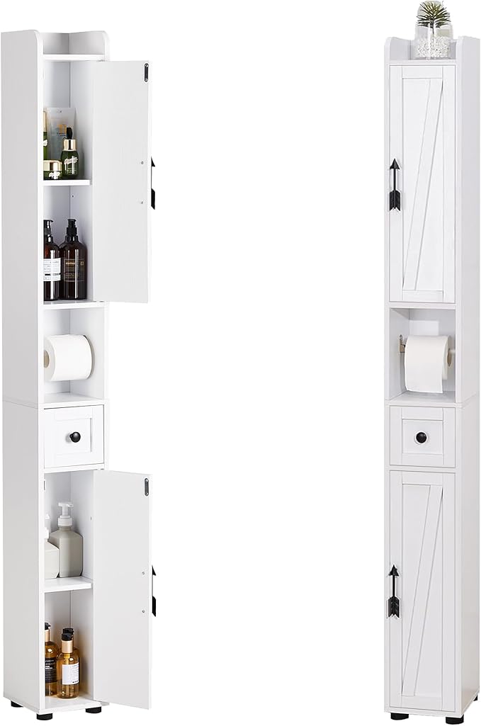 VECELO Narrow Bathroom Storage Cabinet, Tall Cabinet with Adjustable Shelves & Toilet Paper Holder & Drawer, Slim Freestanding Floor Cabinets with Magnetic Door for Small Spaces, White