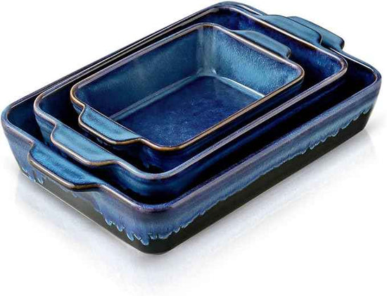 KOOV Bakeware Set, Ceramic Baking Dish, Rectangular Casserole Dish, Lasagna Pan, Baking Pans for Cooking, Cake Dinner, Kitchen, 9 x 13 Inches, Reactive Glaze 3-Piece (Nebula Blue)