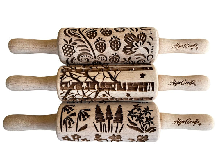 SEASONS 3 Mini Embossed Rolling Pin Set. Wooden Laser Cut Mini Rolling Pins for cookies or clay with spring flowers
