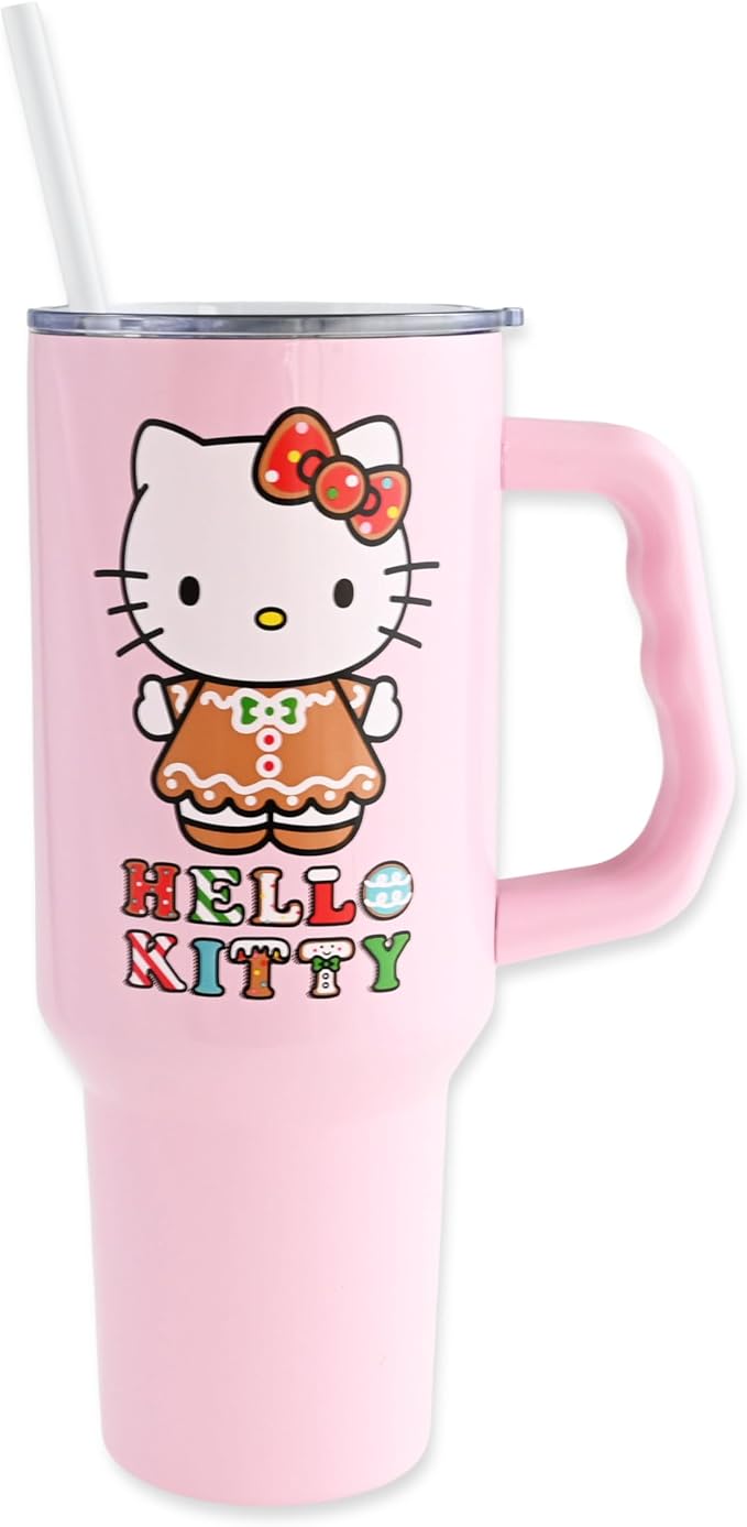 Silver Buffalo Sanrio Hello Kitty Holiday Gingerbread Dress Double Walled Stainless Steel Tumbler with Handle, Fits in Standard Cup Holder, 40 Ounces