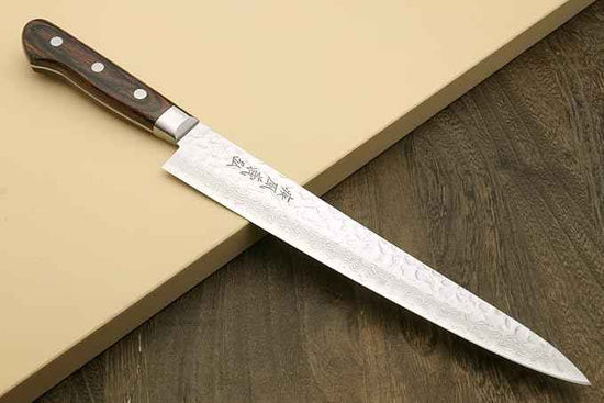 Yoshihiro VG10 16 Layer Hammered Damascus Stainless Steel Sujihiki Slicer Chefs Knife (9.5'' (240mm))
