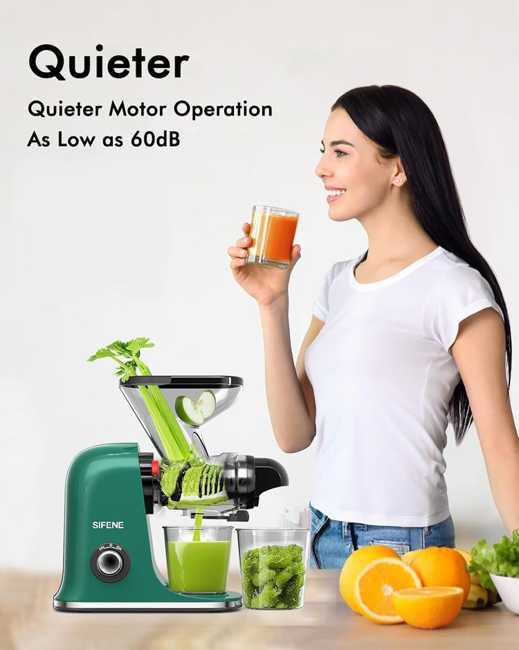 SiFENE Cold Press Juicer Machine, Slow Masticating Juicer, Vegetable and Fruit Juice Extractor Maker Squeezer, Easy to Clean, BPA Free, Green