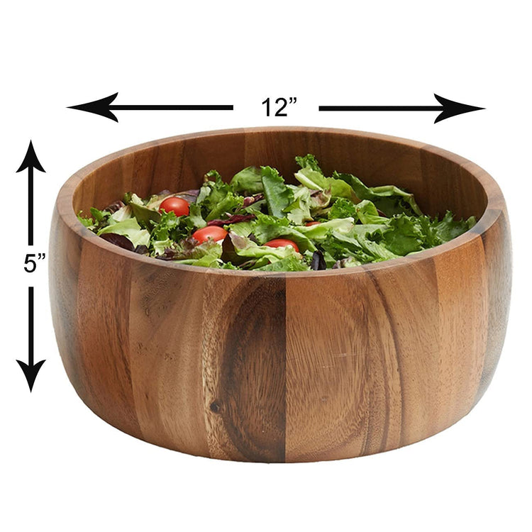 Woodard & Charles Acacia Wood 12" Salad Bowl with Salad Hands