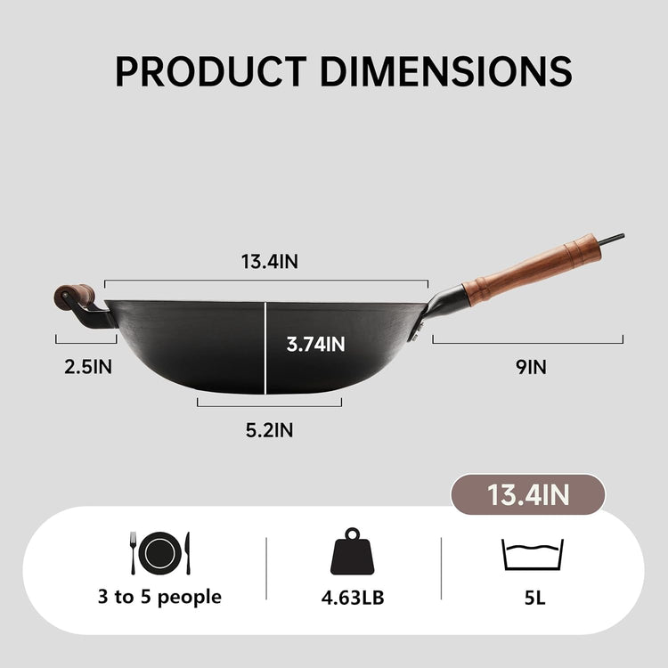 WANGYUANJI 13.4 Inch Cast Iron Wok with Lid – Flat Bottom Chinese Stir Fry Pan, Handcrafted Non-Coated Iron Cookware for Induction, Gas & Electric Stoves, Black