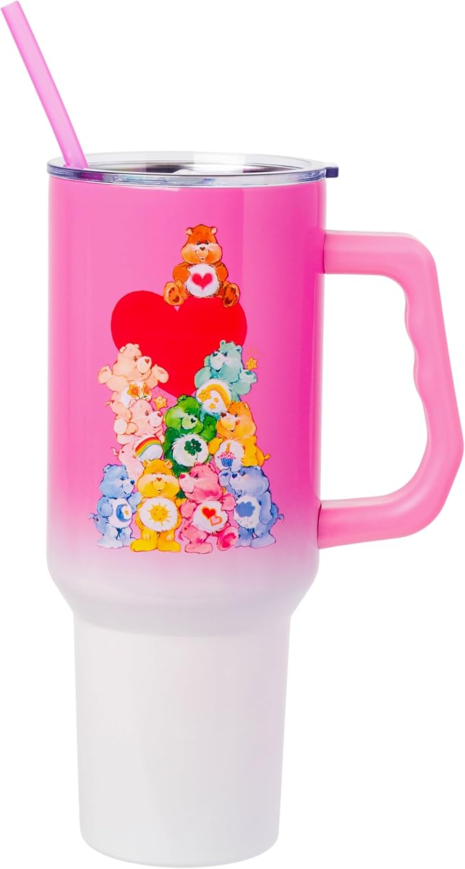 Silver Buffalo Care Bears Watercolor Heart Ombre Double Walled Stainless Steel Tumbler with Handle and Straw, Fits in Standard Cup Holder, 40 Ounces