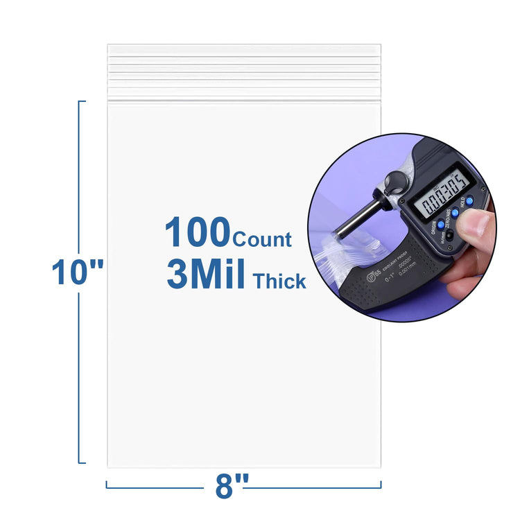 100Pcs 8"x10" Thick 3Mil Clear Reclosable Zip Seal Lock Plastic Poly Bags (100 Count)