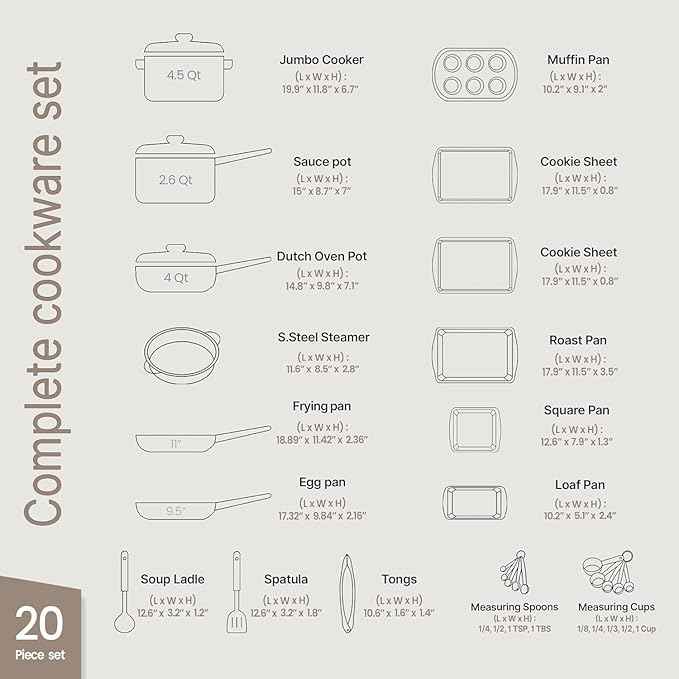 Bakken Master 20 Piece Cookware Set - Pots and Pans with Handle Grips and Tempered Glass Lids, With 6-piece Bakeware Set, Nonstick Granite Coating, Ceramic Max Temperature (Up To 500°F), Brown Marble