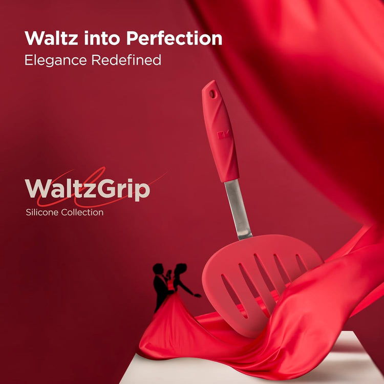 Kitchen Mama WaltzGrip Platinum Silicone Pancake Spatula Turner: Heat Resistant Flexible, Stainless Steel Core, Nonstick, Dishwasher Safe, Flipper – Ideal Kitchen Cookware for Eggs, Fish, Meat (Red)