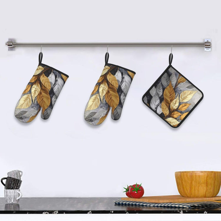 Gold Silver Tropical Leaves Oven Mitts and Pot Holders Sets of 3 (3 Count)