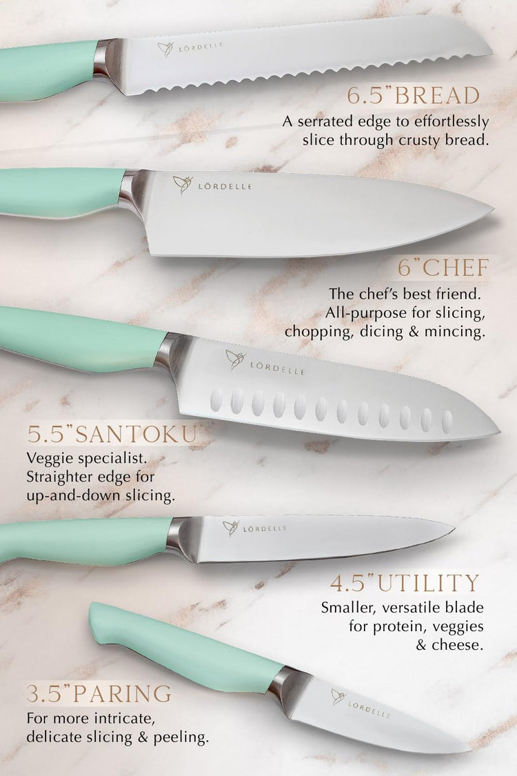 Lordelle Knife Block Set - 5 Piece Set - Coastal Green - Lifestyle Home Kitchen Design - German X50 Stainless Steel - ABS Handle - Ash Wood Block - Cooking Chef Knife, Santoku, Paring, Utility