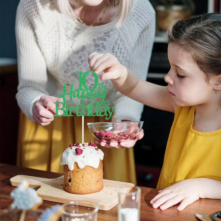 Green Gold 10th Birthday Cake Topper with Glittery Stars (7 Count)