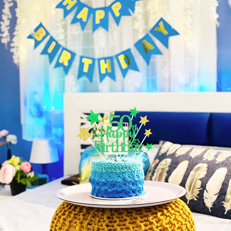 Green Gold 50th Birthday Cake Topper with Glittery Stars (7 Count)