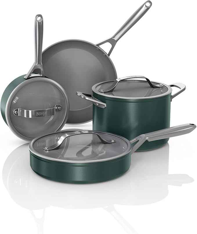 Ninja Ceramic Pro 7Pc Cookware Set, NonStick Pots & Pans Set with Glass Lids, Nontoxic, PTFE Free, Ceramic Coated, Oven Safe, All Stovetops & Induction Compatible, British Racing Green, CW39007GN