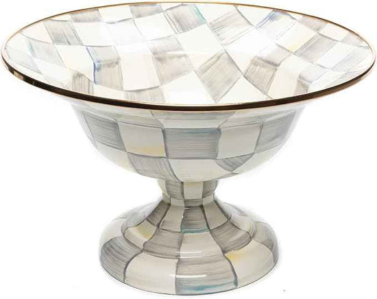 MACKENZIE-CHILDS Enamel Compote, Cute Enamel Pedestal Serving Dish or Decorative Bowl, Large, Gray-and-White Sterling Check