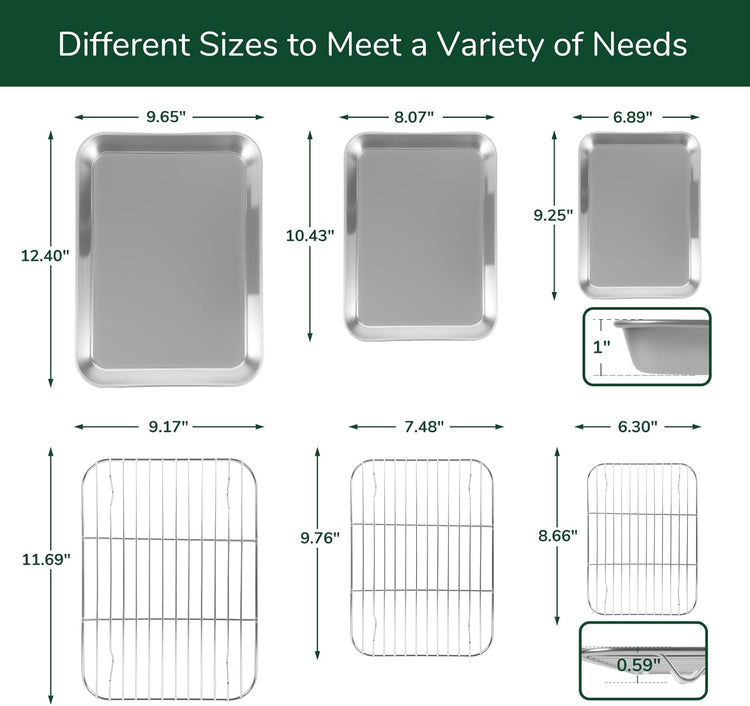 18/0 Stainless Steel Baking Sheet with Cooling Rack, Oven-Safe Non-Toxic Cookie Sheets for Baking, Set of 6, Coating Free & Rust Resistant for Healthy Family Baking, Easy to Clean, Heavy-Duty