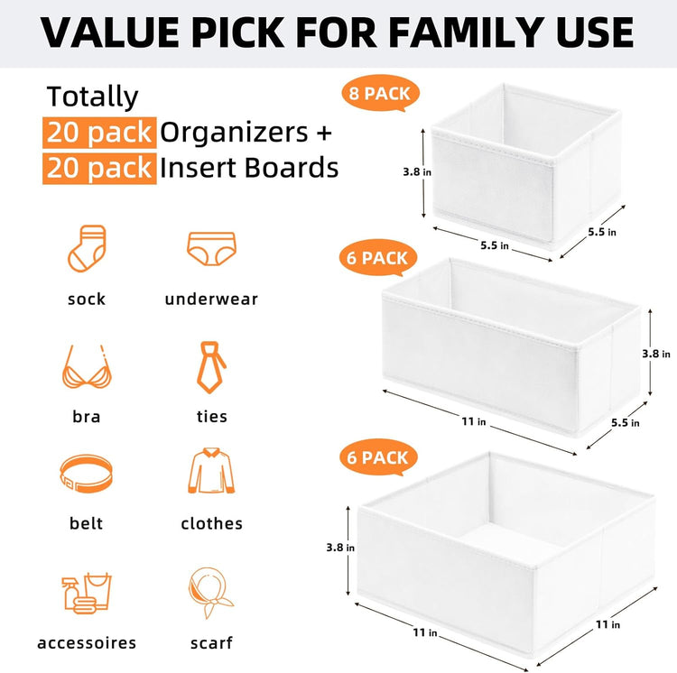 Criusia Drawer Organizer Clothes, 20 Pack Dresser Organizer Bins for Nursery Bedroom, Closet Organization and Storage Dividers for Clothing, Baby Clothes, Underwears, Socks (White)