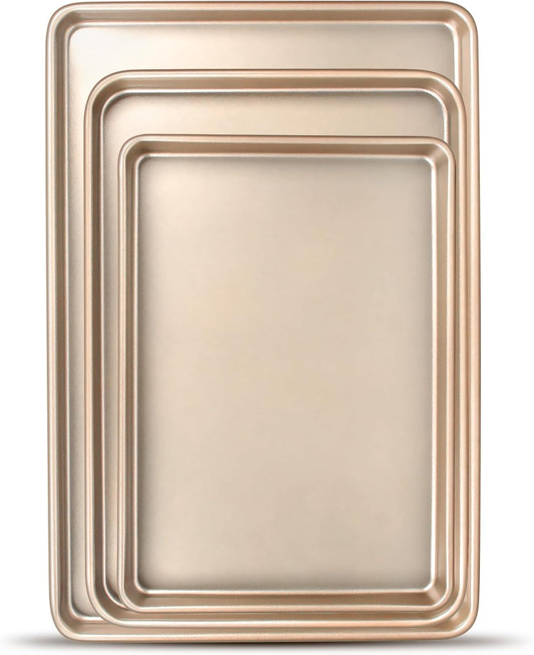 Baking Sheet Pan Set of 3, Commercial Cookie Sheets for Baking, Nonstick Half/Quarter/Jelly Roll Pans Replacement Toaster Oven Tray, Heavy Duty & Easy Clean, Champagne Gold