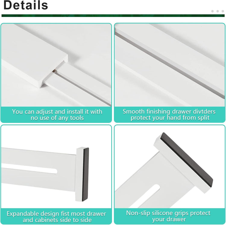 FJO 4 Pack Adjustable Bamboo Drawer Dividers - 12.5" - 21.7" Expandable Drawer Separators for Kitchen, Utensils, Clothes, Bedroom, Dresser, Bathroom (White)
