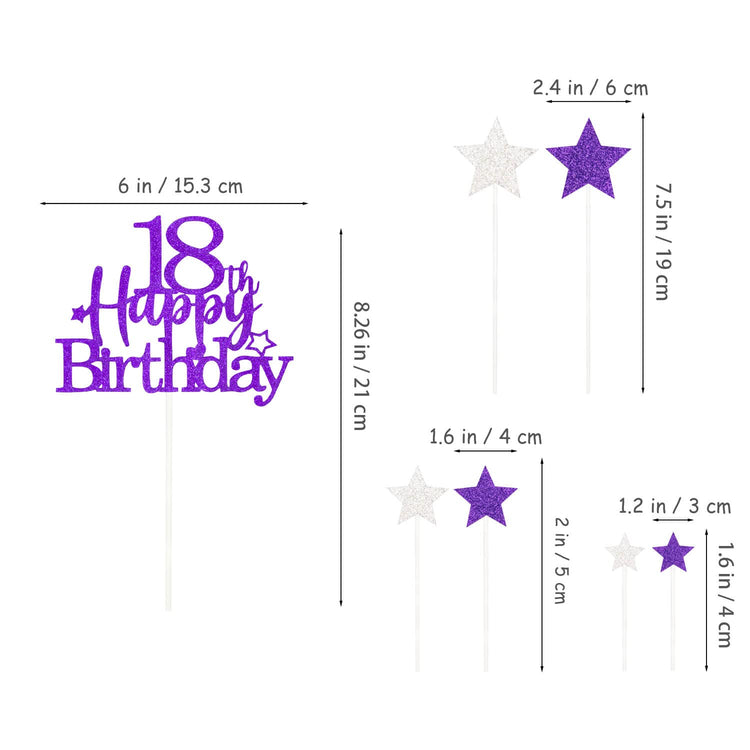 Purple Silver 18th Birthday Cake Topper with Glittery Stars (7 Count)