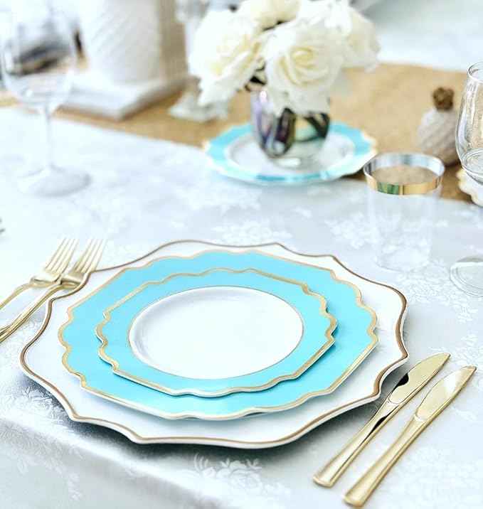 " OCCASIONS " 200 Piece set (25 Guests)-Wedding Plastic Plates & cutlery -Disposable heavyweight Dinnerware 10.5'', 8''+Silverware+Cups+Napkins (Imperial Aqua & Gold))