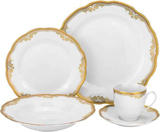 Euro Porcelain 57 piece Banquet Dinnerware Set with Scalloped Edges - Luxury Tableware Dining Service for 8