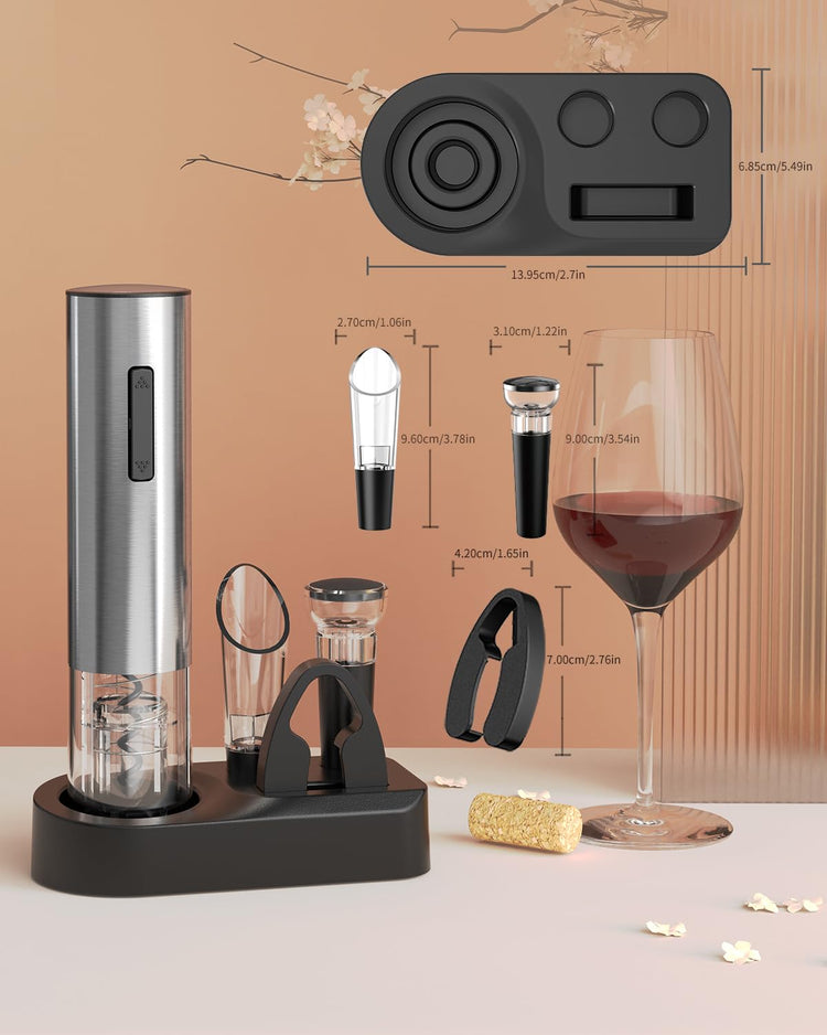 6-in-1 Electric Wine Opener Set Rechargeable Stainless Steel Wine Opener Gift Set with Foil Cutter, Rechargeable & Manual Wine Aerator Pourers, Vacuum Wine Stopper and Storage Base, Silver (6 Count)