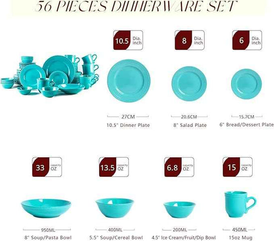 Pearl Dots Stoneware Dinnerware Set (Turquoise, 56pc Set)
