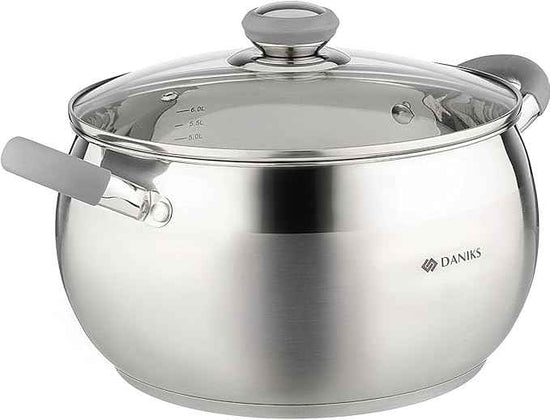 Daniks Modern 7 Quart Stainless Steel Stock Pot with Glass Lid, Tri-Ply Bottom for Even Heating, Induction Compatible, Dishwasher Safe, Heatproof Handles