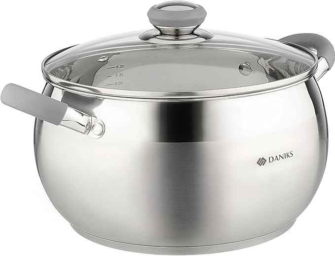 Daniks Modern 7 Quart Stainless Steel Stock Pot with Glass Lid, Tri-Ply Bottom for Even Heating, Induction Compatible, Dishwasher Safe, Heatproof Handles