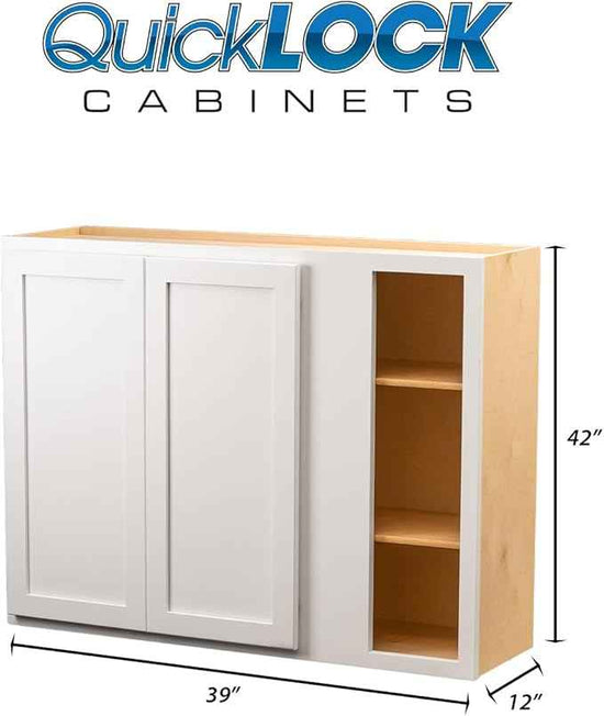Quicklock RTA (Ready-to-Assemble) 42" Tall Wall Kitchen Cabinets - Shaker Style | 100% Hardwood | Made in America | Soft Close Hardware (12" D x 39" W x 42" H Blind Corner, Pure White)