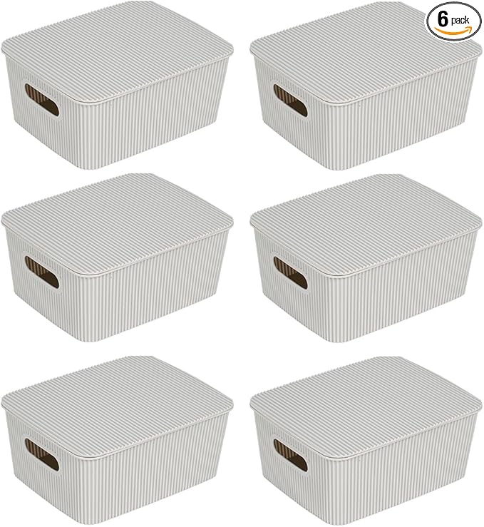 Glad Storage Baskets with Lids - Set of 6 Stackable Plastic Boxes with Handles - Decorative Shelf Organizer Bins for Bathroom and Closet, Grey, 1 Gallon