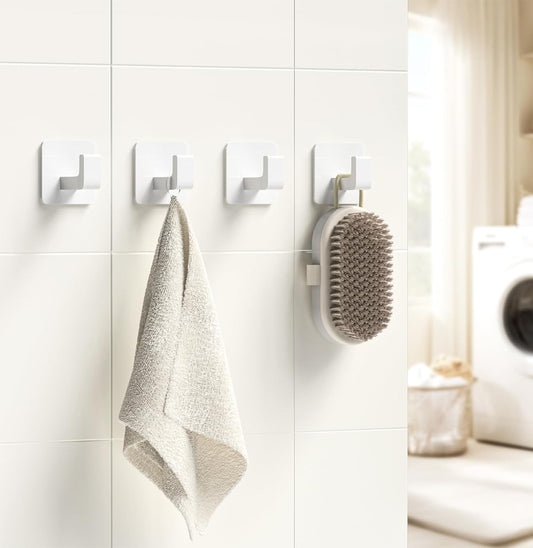 Square Self Adhesive Towel Hooks - 4 Pack Matte White Metal Hooks, Right-Angle Design for Towels, Robes & Hats, Organize Bathroom, Kitchen, Entryway, Doors, Cabinets on Smooth Surfaces
