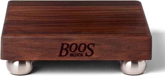John Boos B Series Square Wooden Walnut Cutting Board 12”x12” – 1.5” Thick, 5-lb Non-Reversible Butcher Block with Stainless Steel Bun Feet & Edge-Grain