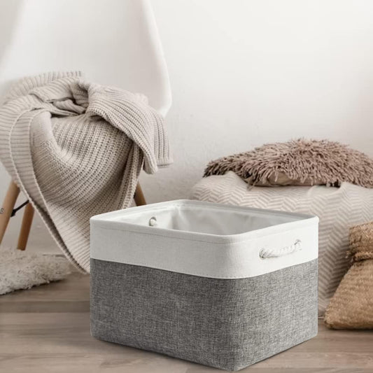 Storage Basket for Shelves - 17X15X12 inch 2 Pack Fabric Cube Storage Bin Collapsible Baskets for Organizing with Rope, Storage Box for Cloth Decorative (White & Grey)