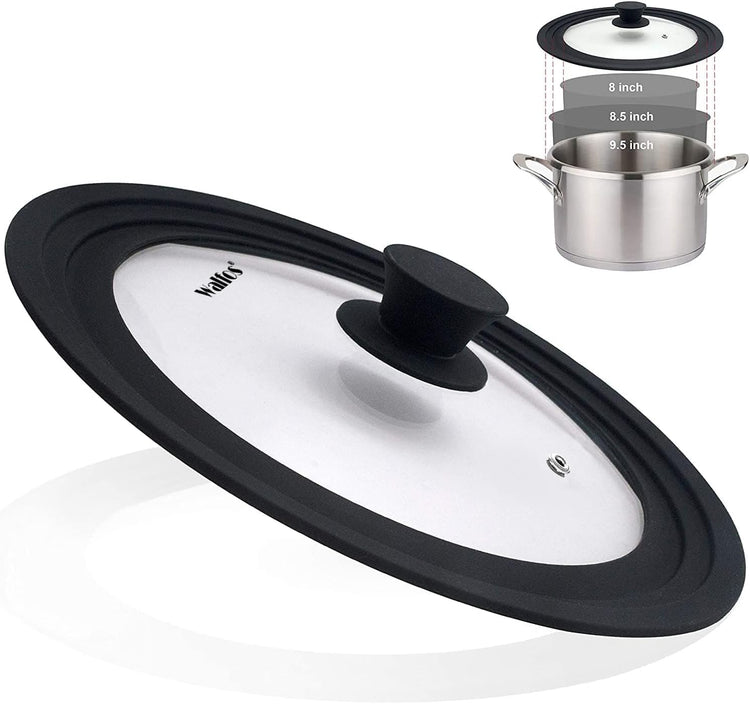 Universal Lid for Pots, Pans and Skillets - Tempered Glass with Heat Resistant Silicone Rim, Fits 8", 9" and 9.5" Diameter Cookware