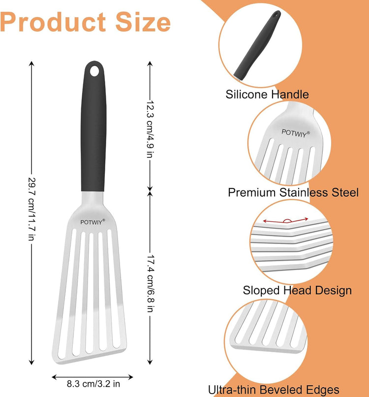 Fish Spatula Stainless Steel, Slotted Turner with Silicone Handle and Curved Blade, Metal Spatula for Cast Iron Skillet, Kitchen Cooking Flipper for Fish, Egg and Burger, 11.7 Inch