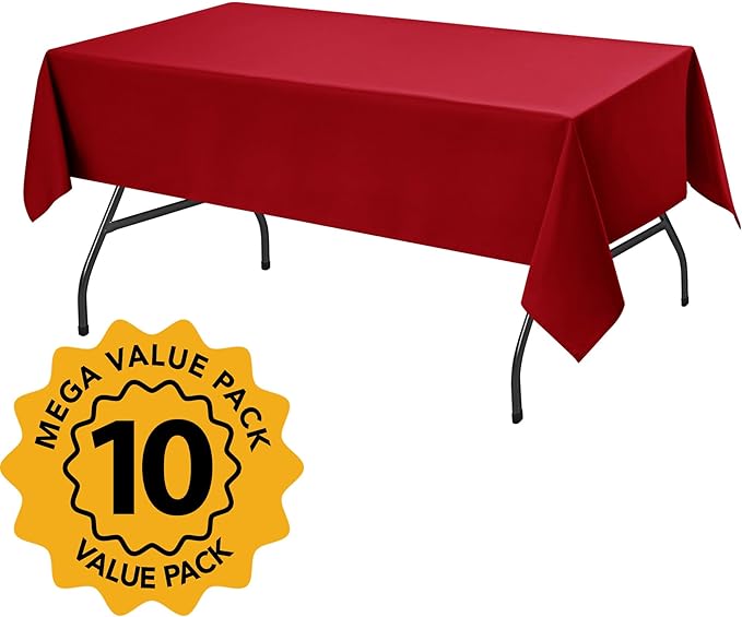 10-Pack Red Tablecloths for Rectangle Tables, 54 x 108 Inches, Stain-Resistant Polyester Fabric for 6 Foot Tables - Washable Table Covers for Weddings, Banquets, Birthday Parties, Events