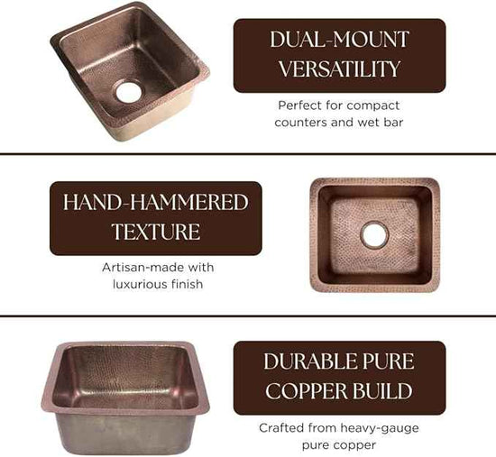 Monarch Abode Kitchen & Bar Sink – 17-inch Highball Dual Mount Drop in Kitchen Sink, Hand Hammered Pure Copper Sinks, Drop in Bar Sinks or Undermount, Deep Single Rectangular Bowl