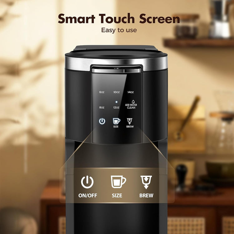 Single Serve Coffee Maker, 2 in 1 Coffee Machine for K-Cup & Ground Coffee, 6 to 14oz Brew Sizes, Self-cleaning Pod Coffee Makers with 40oz Removable Water Reservoir, LCD Screen, Black