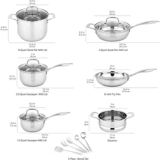 Amazon Basics Stainless Steel Cookware 15-Piece Set, Oven Safe, Induction-Ready, Even Heating, Easy to Clean, Stay-Cool Handles, Pots and Pans, Silver